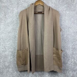 Lafayette 148 New‎ York Wool Knit Open Front Sweater Faux Leather Pockets Size M